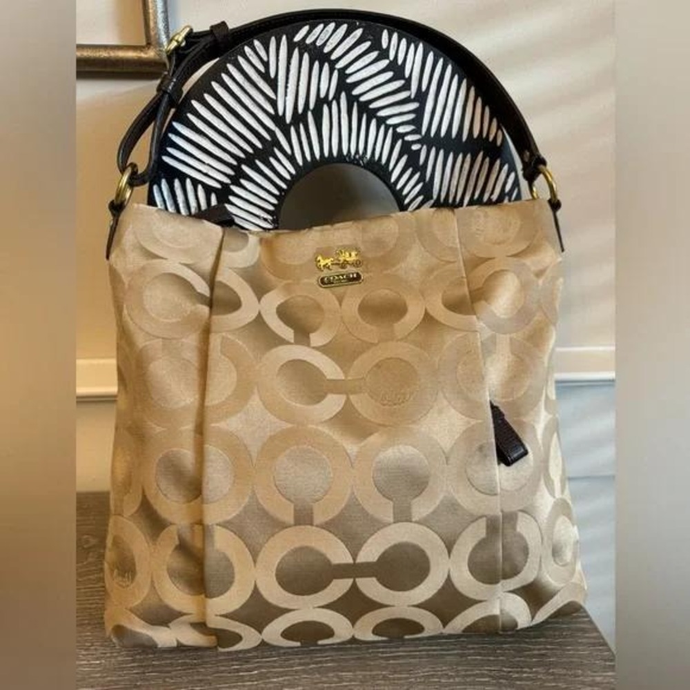 Coach Op Art Signature Sateen Hobo Bag Champagne Gold Brown Leather